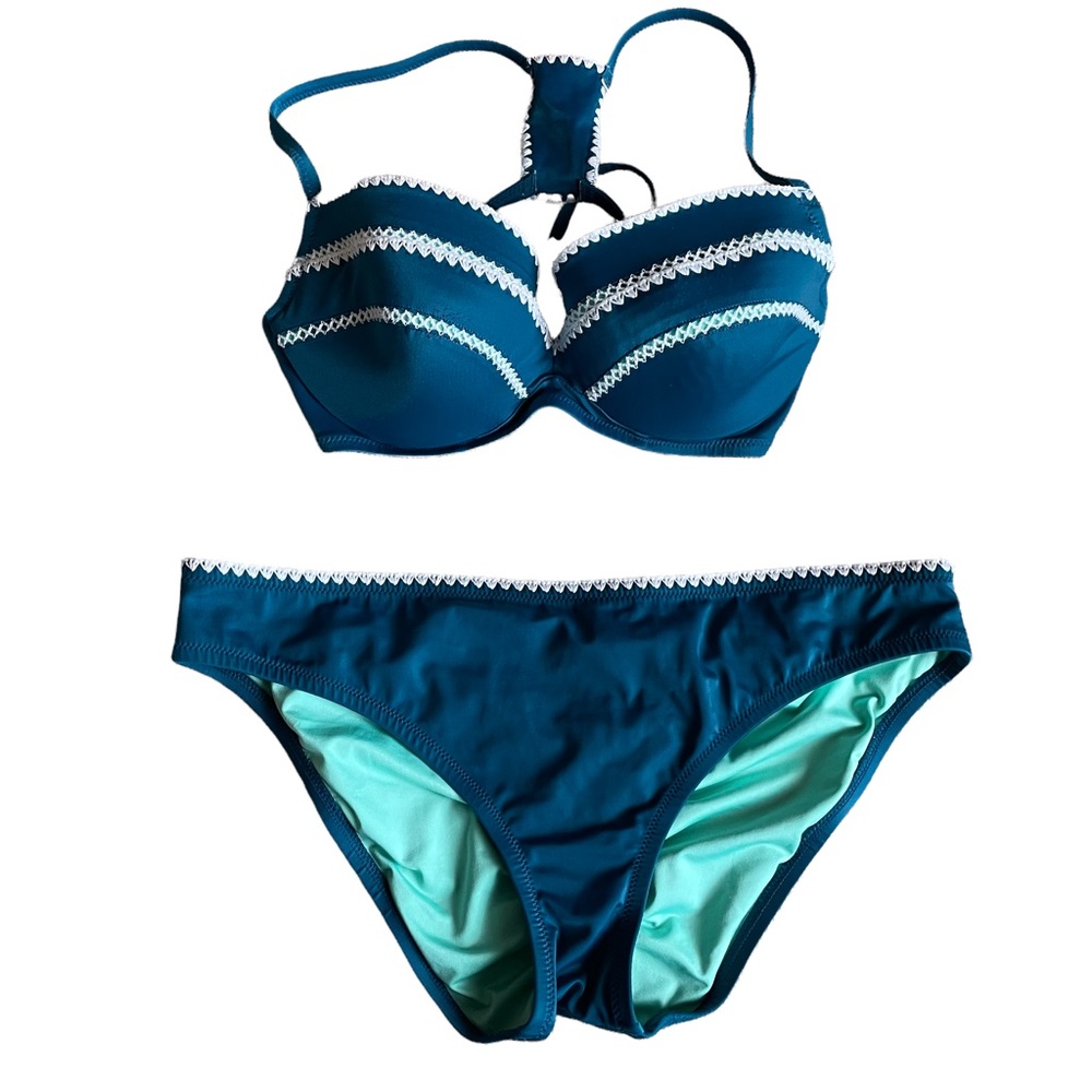Shade & Shore Teal Crochet Racerback Bikini Set 34D Top with Matching Bottoms XL - Picture 3 of 6